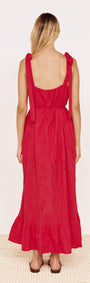Back view of Cotton Broderie Maxi Sun Dress in Red featuring tie shoulder straps and frilled hem.