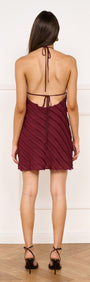Fringe Detail Halter Mini Dress in Wine showcasing the back view with a fringed texture and halter neckline.