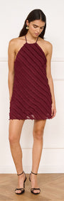 Fringe Detail Halter Mini Dress in Wine worn by model, showcasing fringed stripe texture and halter neckline.