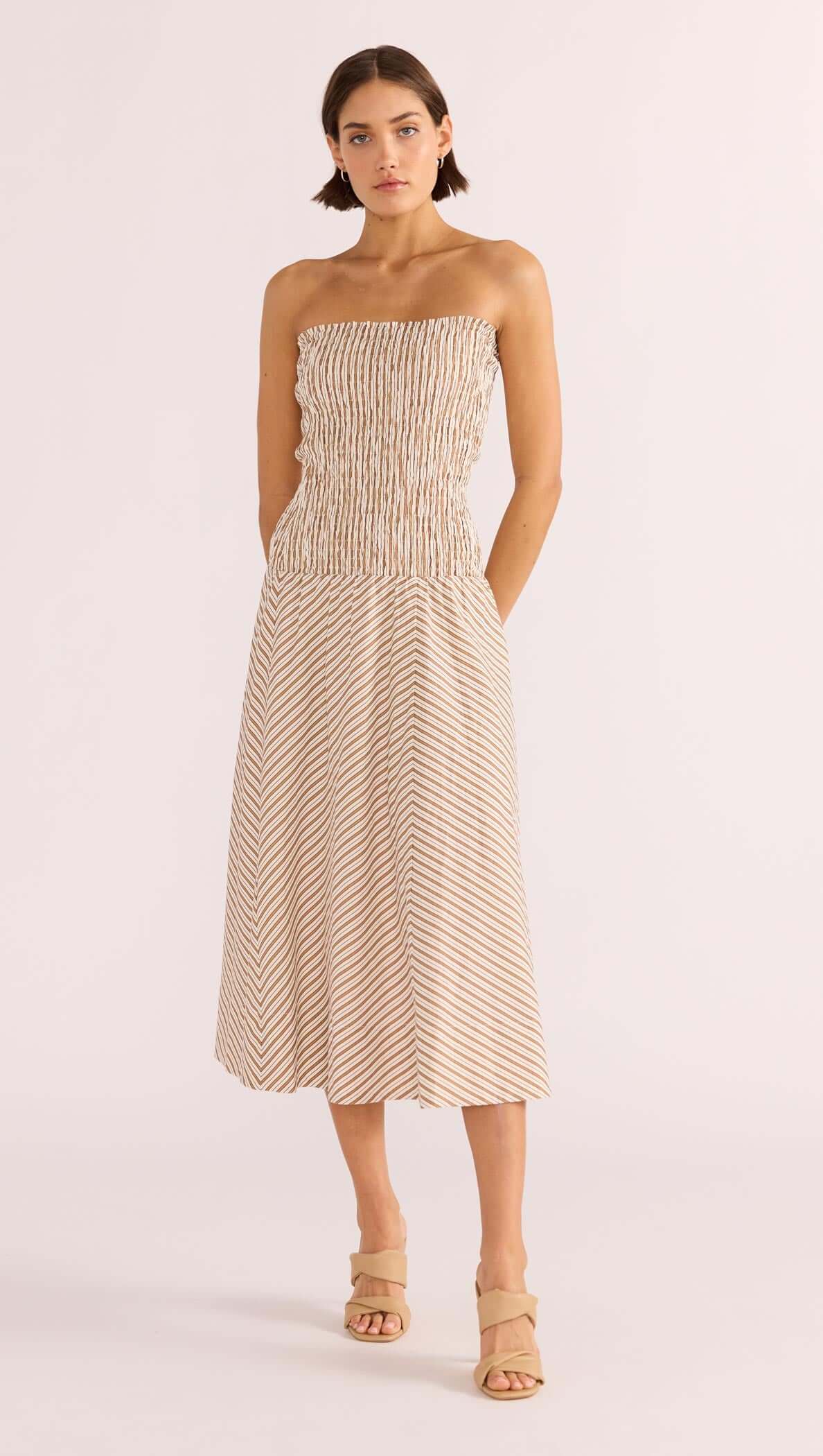 Artemis Shirred Bandeau Midi Dress - Brown & White Striped - MINKPINK Artemis Shirred Bandeau Midi Dress - Brown & White Striped - MINKPINK