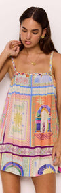Elysia Babydoll Mini Dress in vibrant multicolour print, showcasing a playful summer style and comfortable fit.