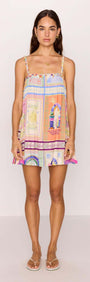 Model wearing a vibrant multicolour print Babydoll Mini Dress, ideal for summer with a playful and relaxed fit.