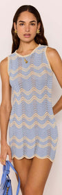 Model wearing a Blue & Cream Knit Mini Dress with a soft wave knit pattern and scalloped hem.