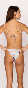 Back view of a woman wearing a Brazilian Cut Bikini Pant in multicolour print with adjustable straps.