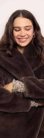Brown Faux Fur Coat worn by a smiling woman with wavy hair, showcasing its plush texture and oversized collar.