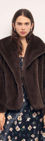 Model wearing a Brown Faux Fur Coat with oversized collar, showcasing the soft material and relaxed fit.