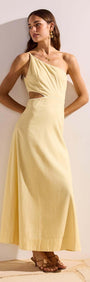 Butter Yellow Asymmetric Cut Out Maxi Dress featuring a one-shoulder neckline and subtle waist cut-out