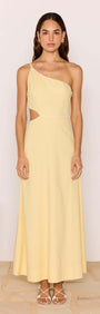 Butter Yellow Asymmetric Cut Out Maxi Dress shown on model, featuring one-shoulder neckline and subtle waist cut-out.