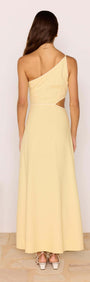 Back view of the Butter Yellow Asymmetric Cut Out Maxi Dress featuring a one-shoulder design and flowing skirt.