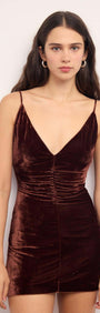 Chocolate Velvet V-Neck Mini Dress featuring a plunging neckline and ruched bust detail, perfect for evening outings.