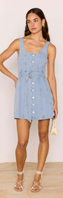 Denim Button Mini Dress featuring a button-through front and adjustable belt, perfect for casual summer styling.