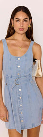 Denim Button Mini Dress featuring a soft cotton-blend fabric, scoop neckline, and adjustable D-ring belt.