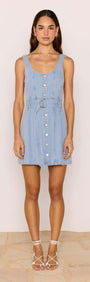 Denim Button Mini Dress featuring a button-through front and adjustable belt, perfect for warm days.