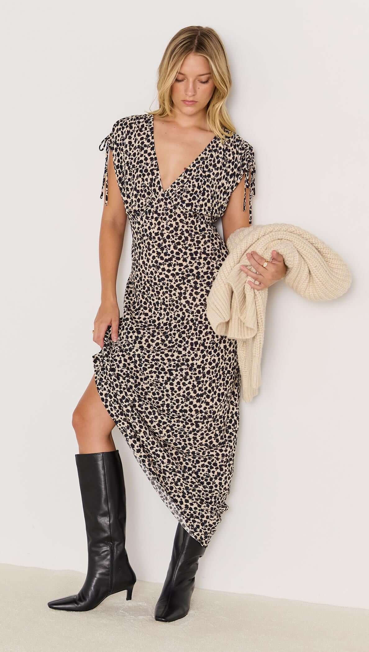 Elka Bias Maxi dress - v neck black and white printed dress with short sleeves, bias cut, flattering fit