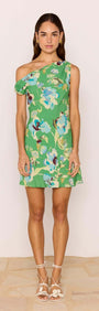 Green Floral Asymmetric Mini Dress worn by a model, featuring a one-shoulder design and vibrant floral print.
