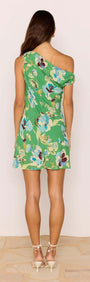 Green Floral Asymmetric Mini Dress featuring a one-shoulder design and vibrant floral print, perfect for summer outings.