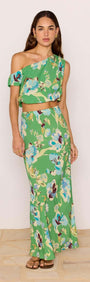 Green Floral Bias Midi Skirt in vibrant green floral print, perfect for summer parties and casual wear.