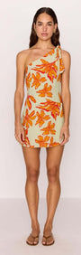 Green & Orange Floral Asymmetric Mini Dress worn by a model with a one-shoulder design and floral print.