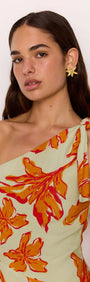 Model wearing Green & Orange Floral Asymmetric Mini Dress with one-shoulder design, featuring vibrant floral prints.