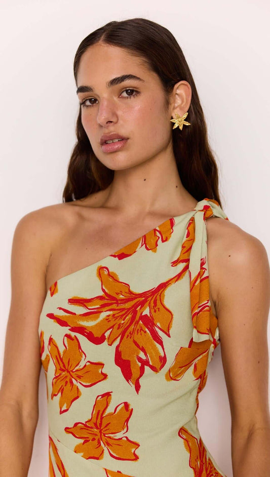 Model wearing Green & Orange Floral Asymmetric Mini Dress with one-shoulder design, featuring vibrant floral prints.