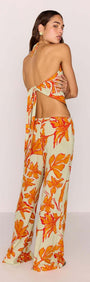 Green & Orange Floral Cowl Neck Scarf Top worn with matching Estelle Drawstring Pant, showcasing backless halter style.