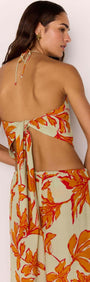Green & Orange Floral Cowl Neck Scarf Top showcasing backless design and tie-up scarf detail.