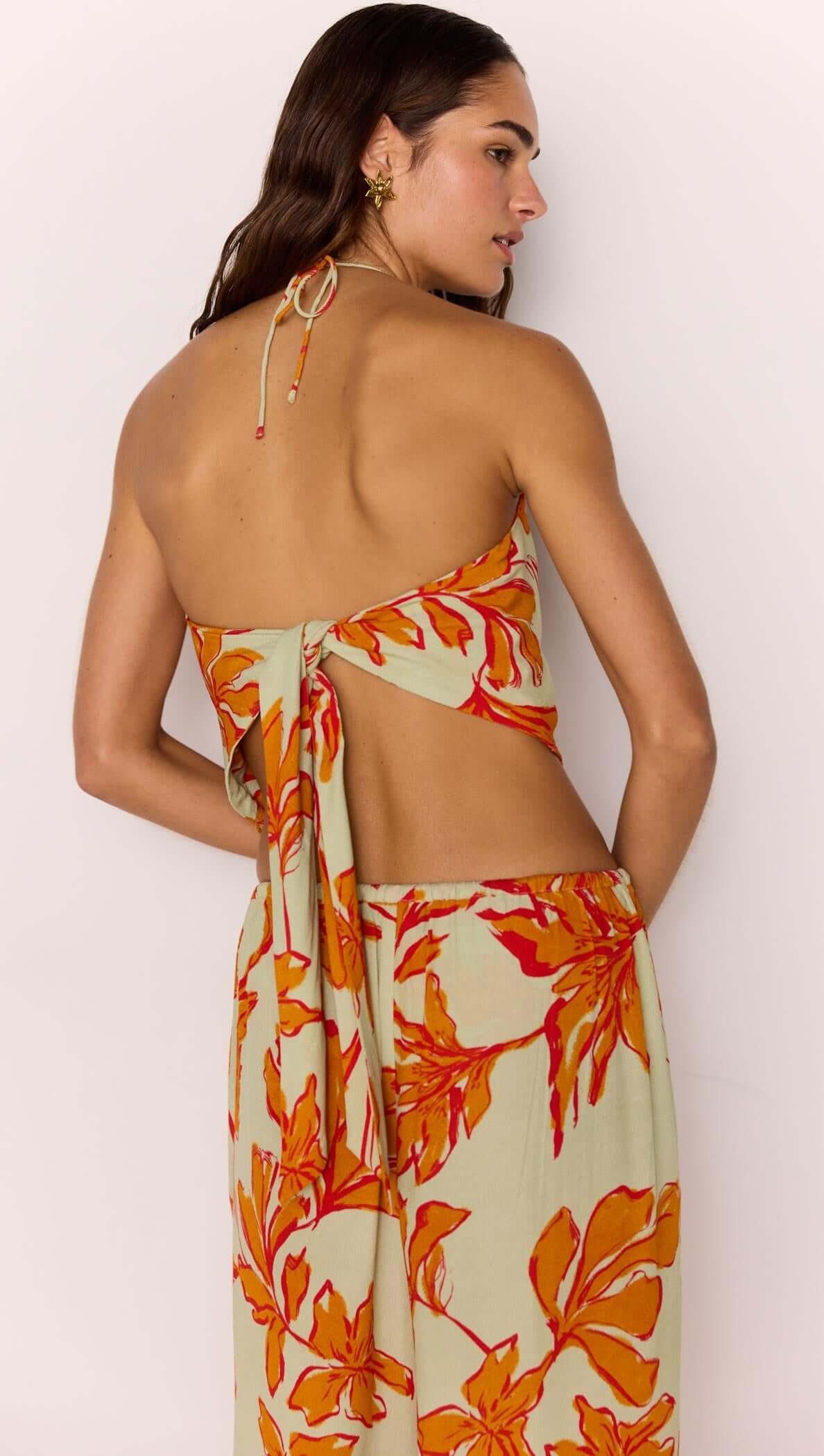 Green &amp; Orange Floral Cowl Neck Scarf Top showcasing backless design and tie-up scarf detail.