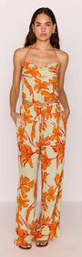 Green & Orange Floral Drawstring Wide Leg Pant worn by model with floral patterns in orange and green.