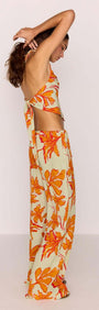 Green & Orange Floral Drawstring Wide Leg Pant styled with a matching top, showcasing a relaxed fit and vibrant print.