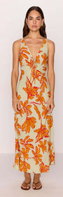 Estelle Green & Orange Floral Keyhole Midi Dress with deep V-neckline and tie-front detail.