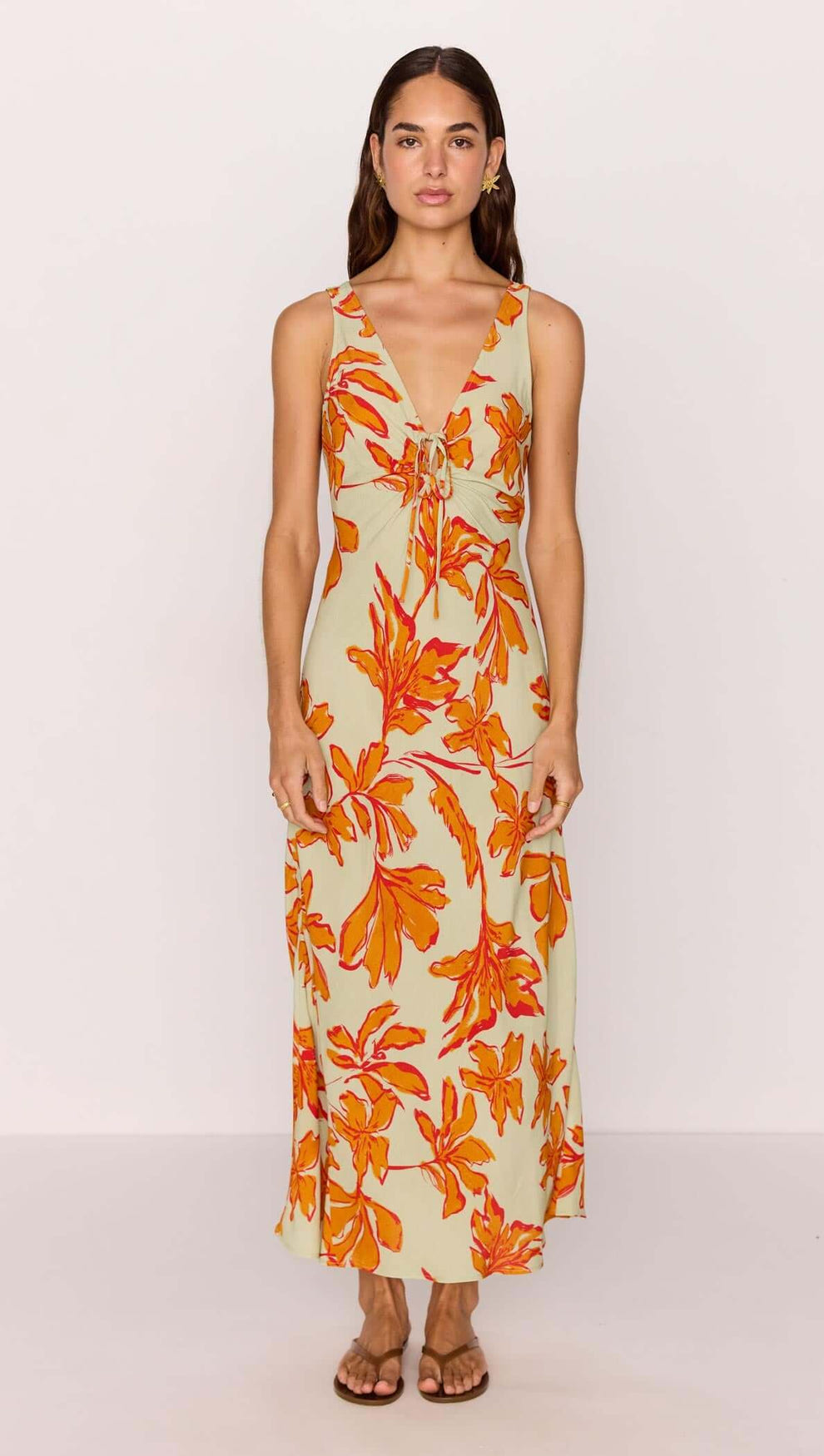 Estelle Green & Orange Floral Keyhole Midi Dress with deep V-neckline and tie-front detail.