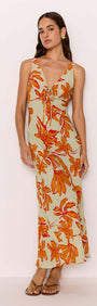 Green & Orange Floral Keyhole Midi Dress featuring a deep V-neckline and tie-front detail, perfect for summer outings.