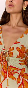 Green & Orange Floral Keyhole Midi Dress with deep V-neckline and tie-front keyhole detail