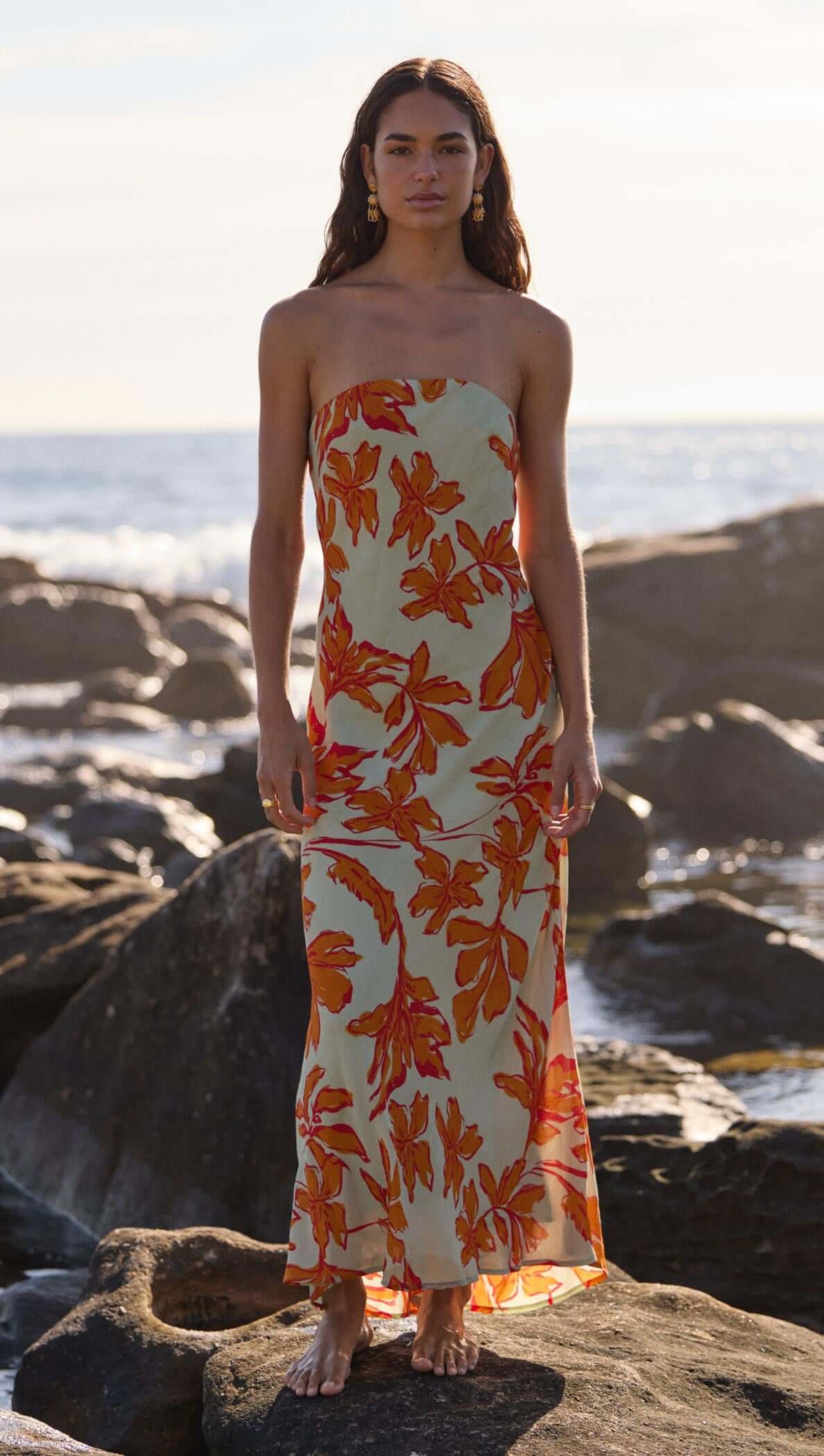 Green & Orange Floral Strapless Maxi Dress