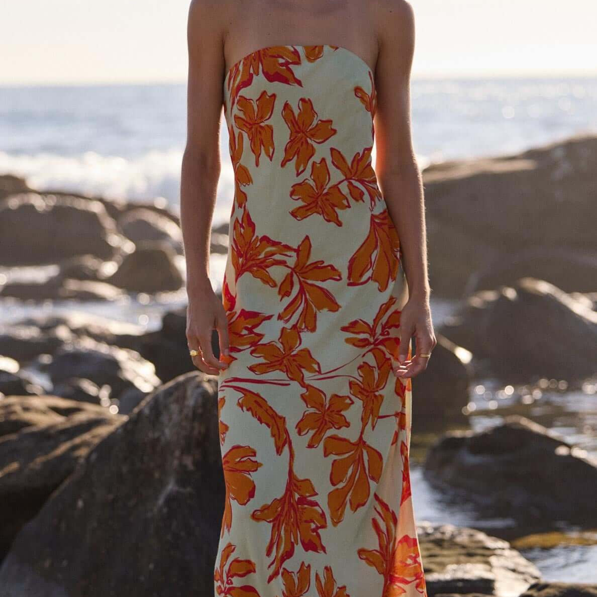 Estelle Green & Orange Floral Strapless Maxi Dress