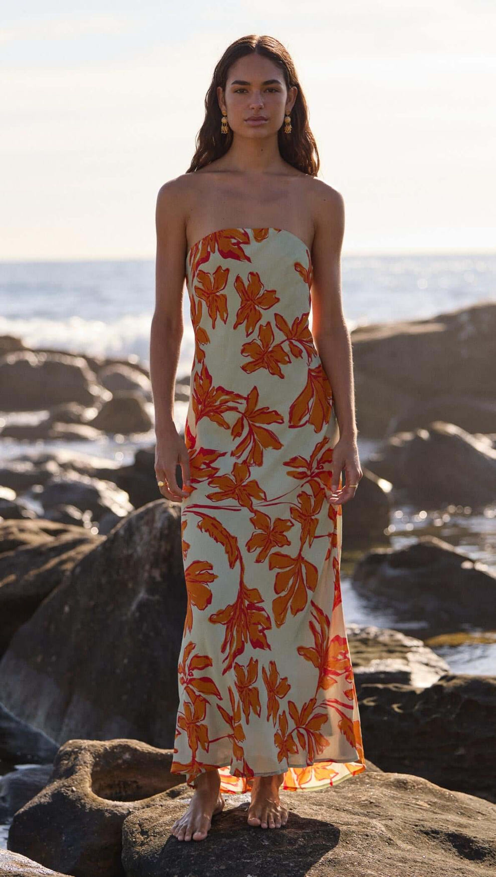 Estelle Green & Orange Floral Strapless Maxi Dress