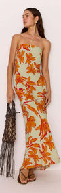 Estelle Green & Orange Floral Strapless Maxi Dress