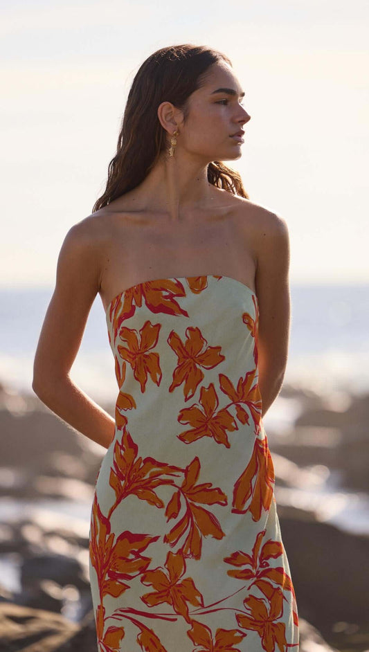 Estelle Green & Orange Floral Strapless Maxi Dress