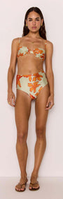 Green & Orange High Waisted Bottoms featuring high-rise fit and sunset floral print, paired with matching Gathered Bra Top.