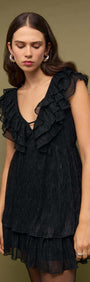 Black Shimmer Plisse Frill Mini Dress with layered ruffles and deep V neckline, perfect for parties.