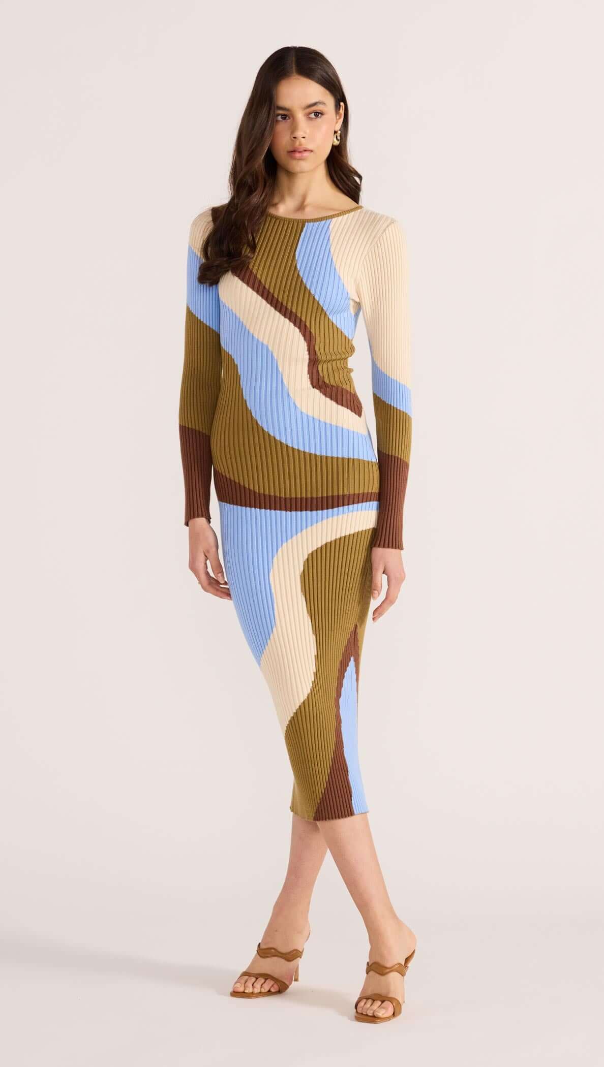 Hanna Intarsia Knit Midi Dress - Blue & Brown - MINKPINK Hanna Intarsia Knit Midi Dress - Blue & Brown - MINKPINK