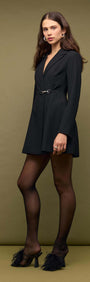 Black Blazer Mini Dress With Buckle Detail worn by a model, showcasing a sleek mini length and structured silhouette.
