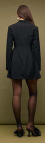 Back view of Black Blazer Mini Dress With Buckle Detail showcasing structured shoulders and sleek mini length.