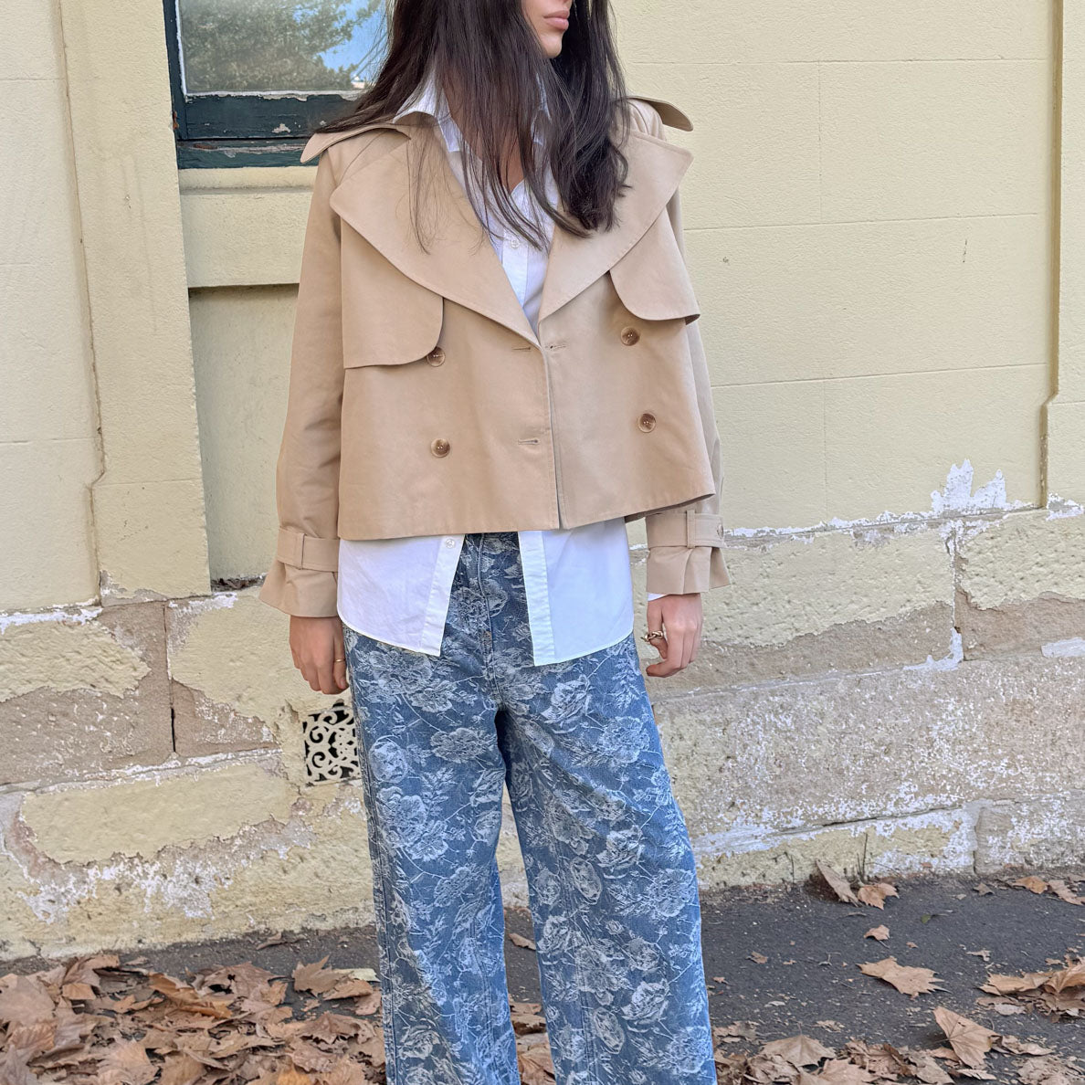 Beige Cotton Drill Cropped Trench Coat