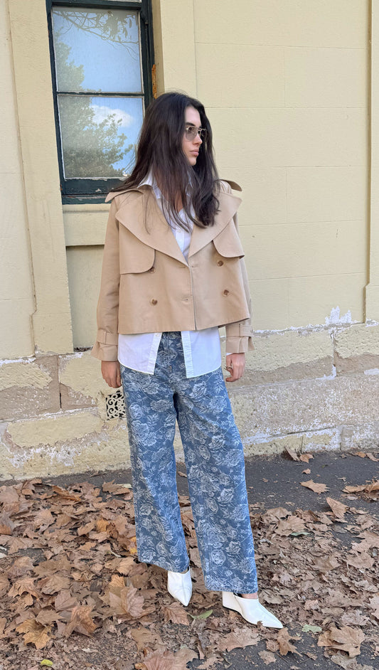 Beige Cotton Drill Cropped Trench Coat