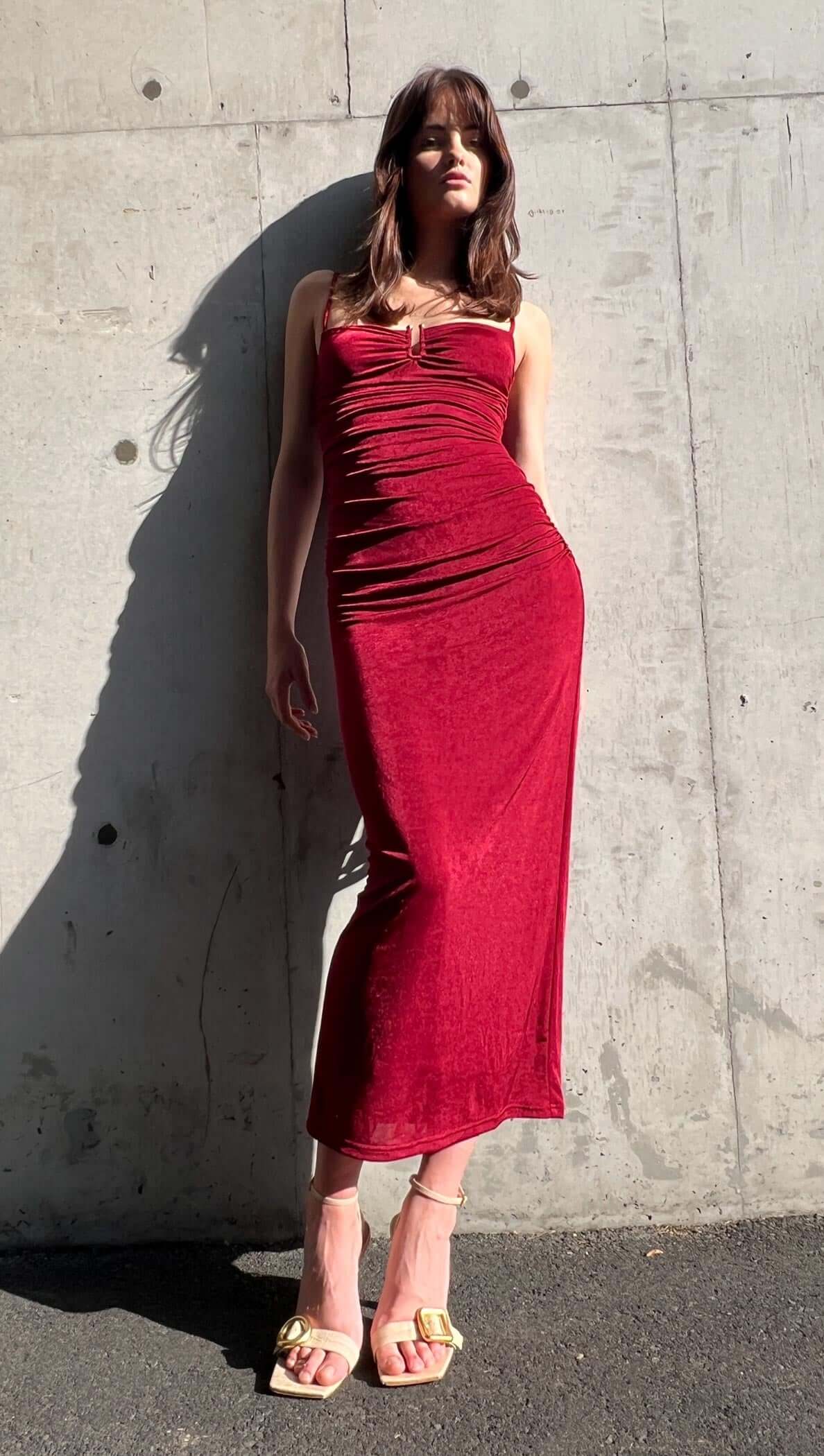 Red Slinky Midi Dress - Elegance Meets Edge - MINKPINK Red Slinky Midi Dress - Elegance Meets Edge - MINKPINK