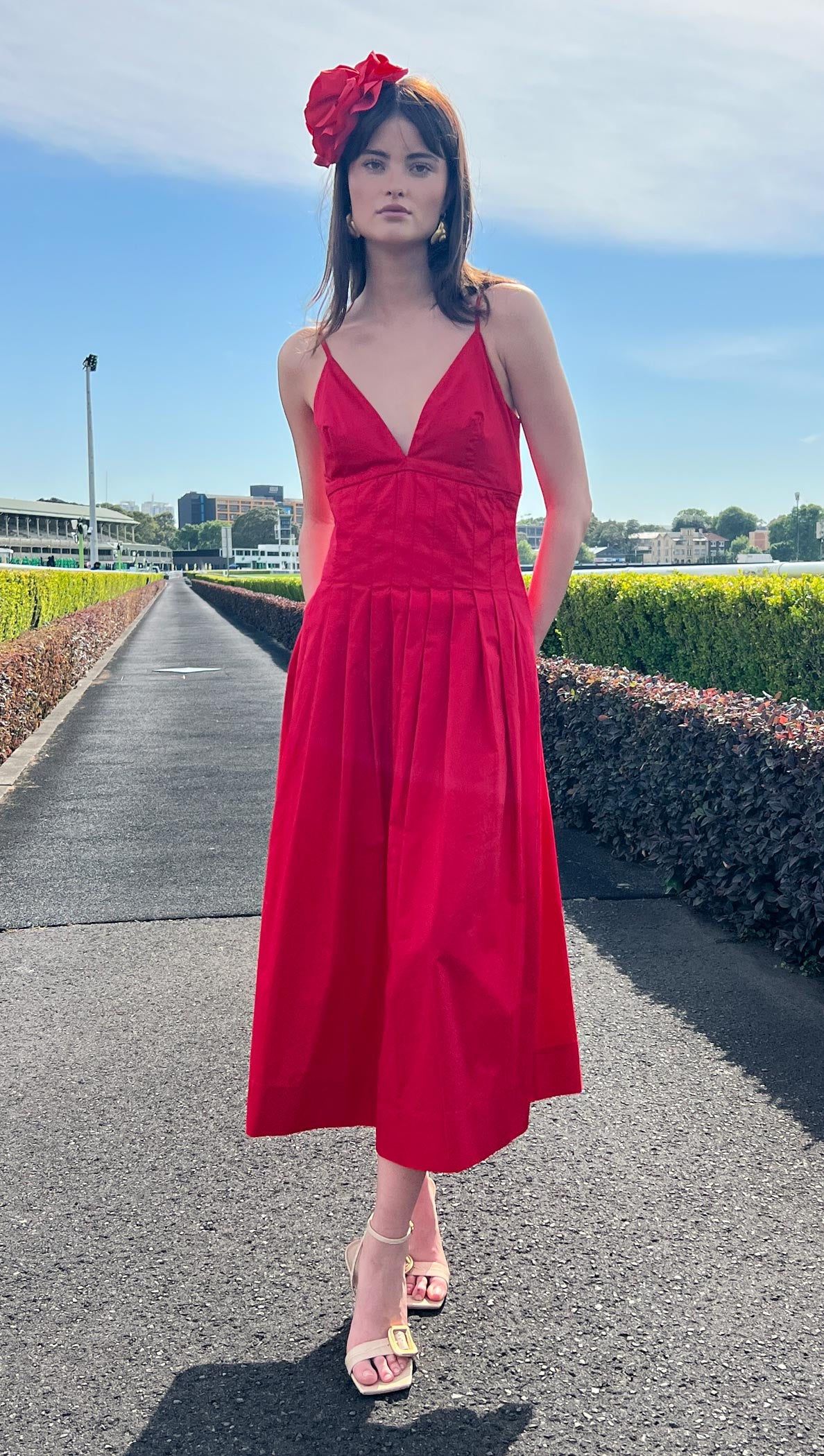 Red Cotton Linen Blend V-Neck Midi Dress