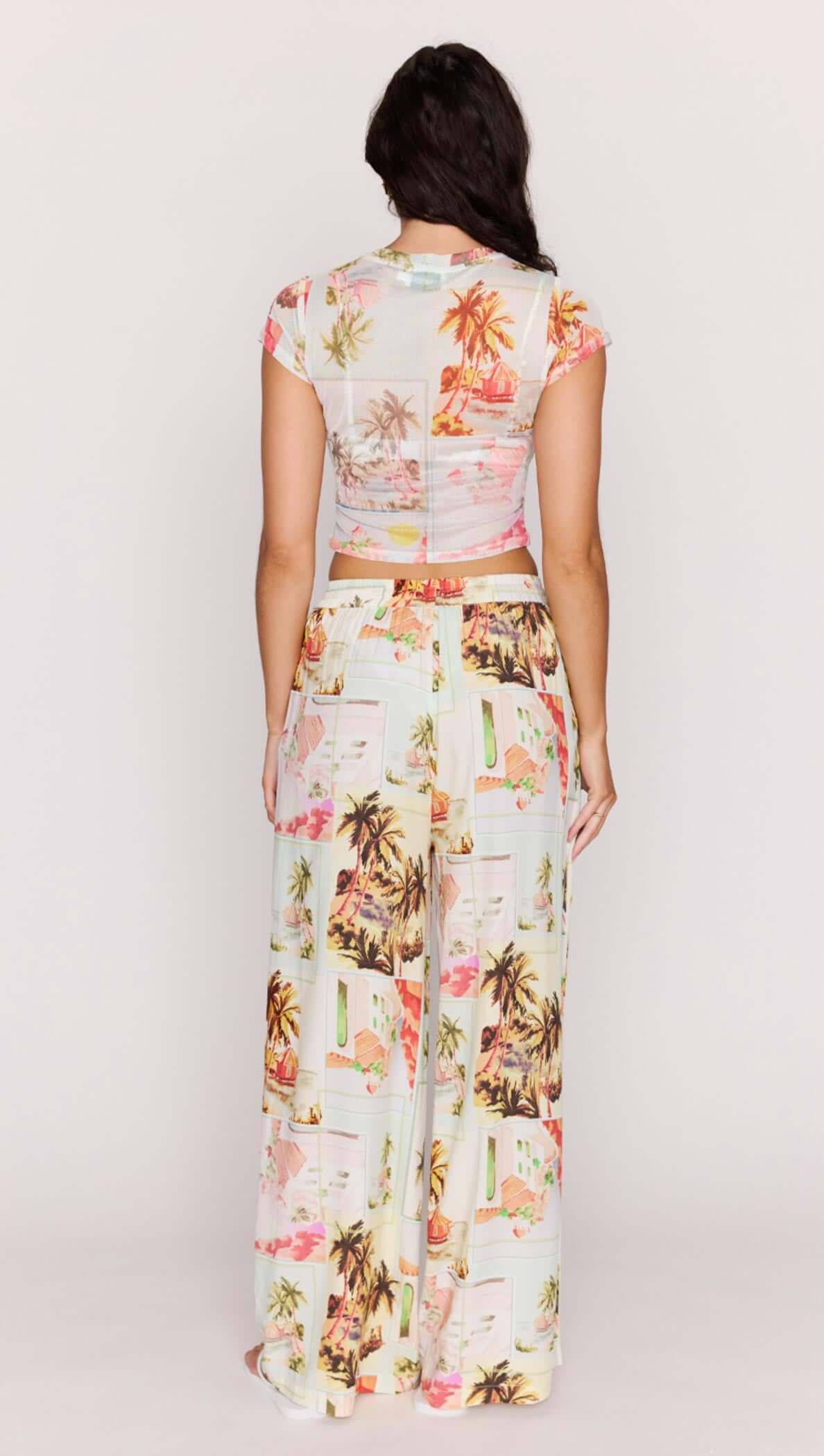 Vintage Postcard Print Drawstring Pants