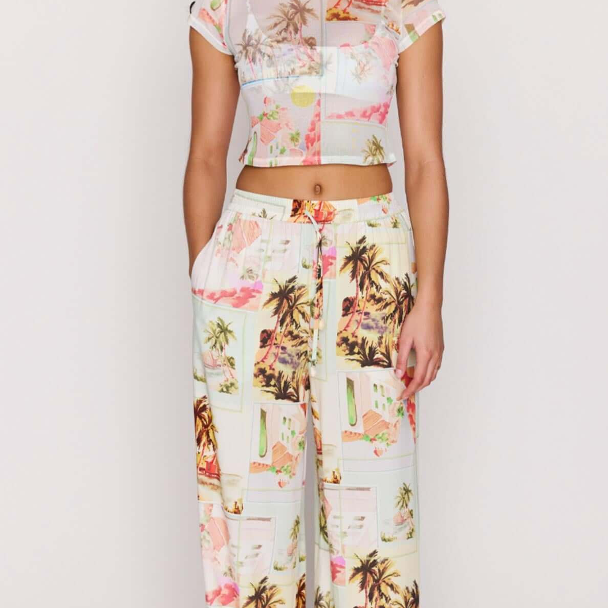 Vintage Postcard Print Drawstring Pants