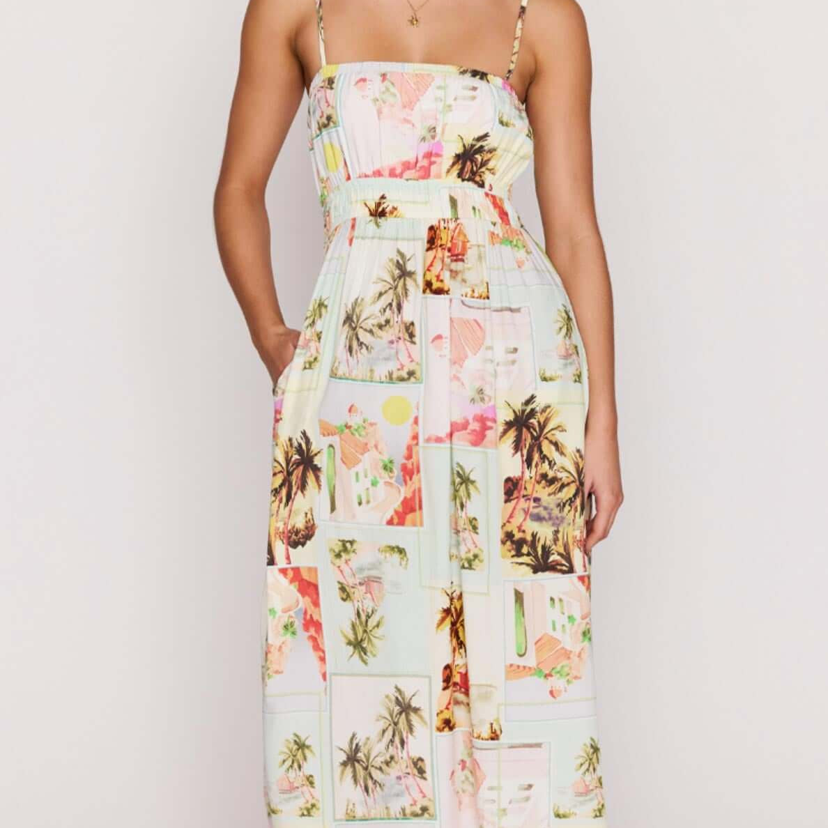 Vintage Postcard Print Midi Sundress